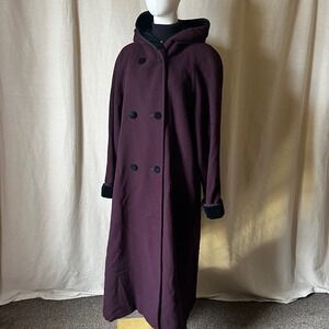 Albert Nipon Studio Purple Wool Hooded Double Breasted Maxi Coat Fits M/L
